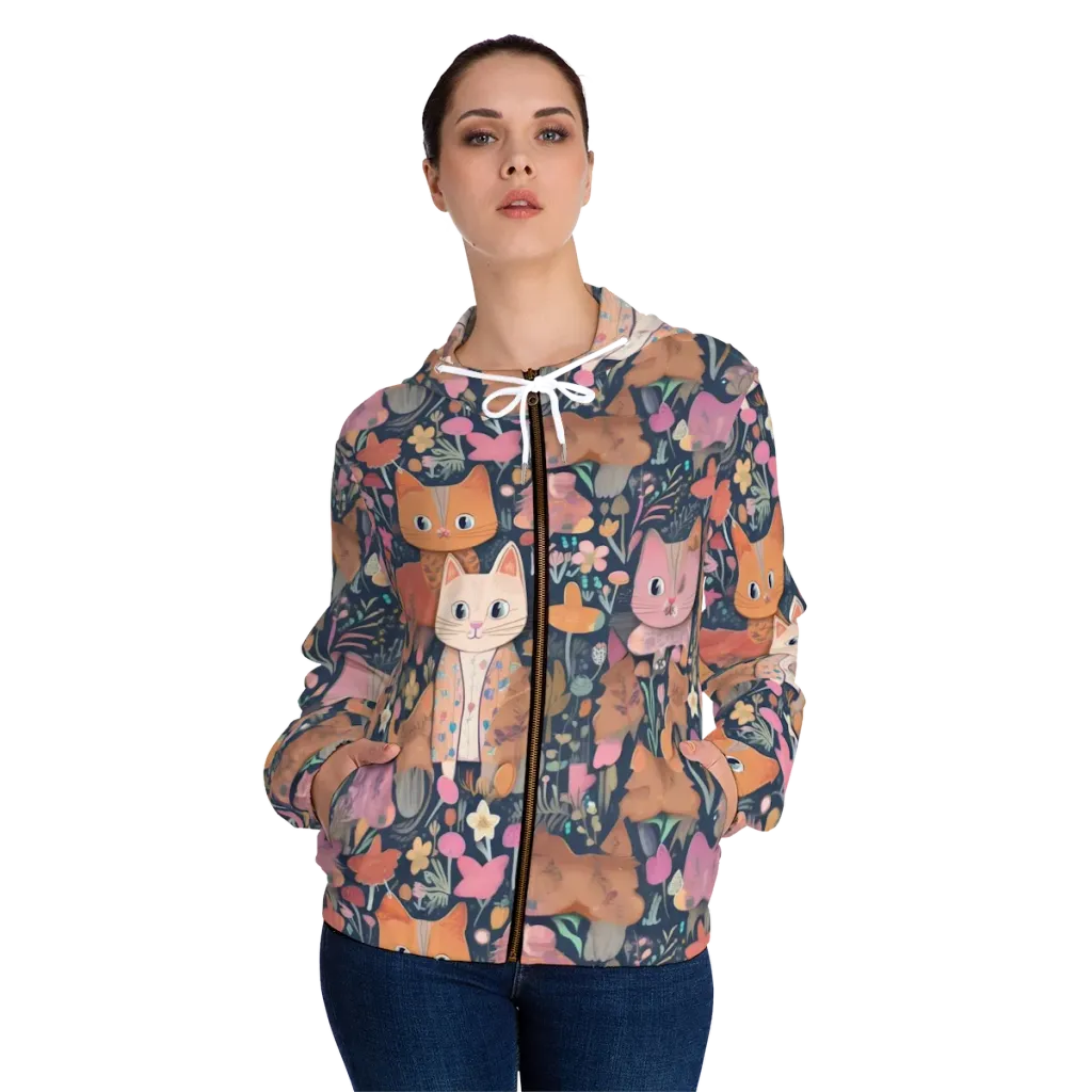 Mushroom Cat Garden on Women's Full-Zip Hoodie — Front On Person