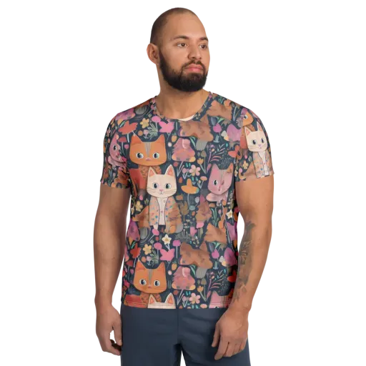 Mushroom Cat Garden on a Men's Athletic T-Shirt