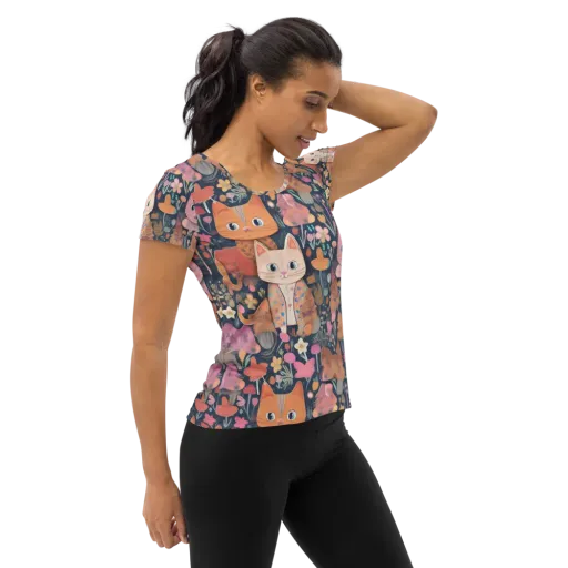 Mushroom Cat Garden on a Women's Athletic T-Shirt