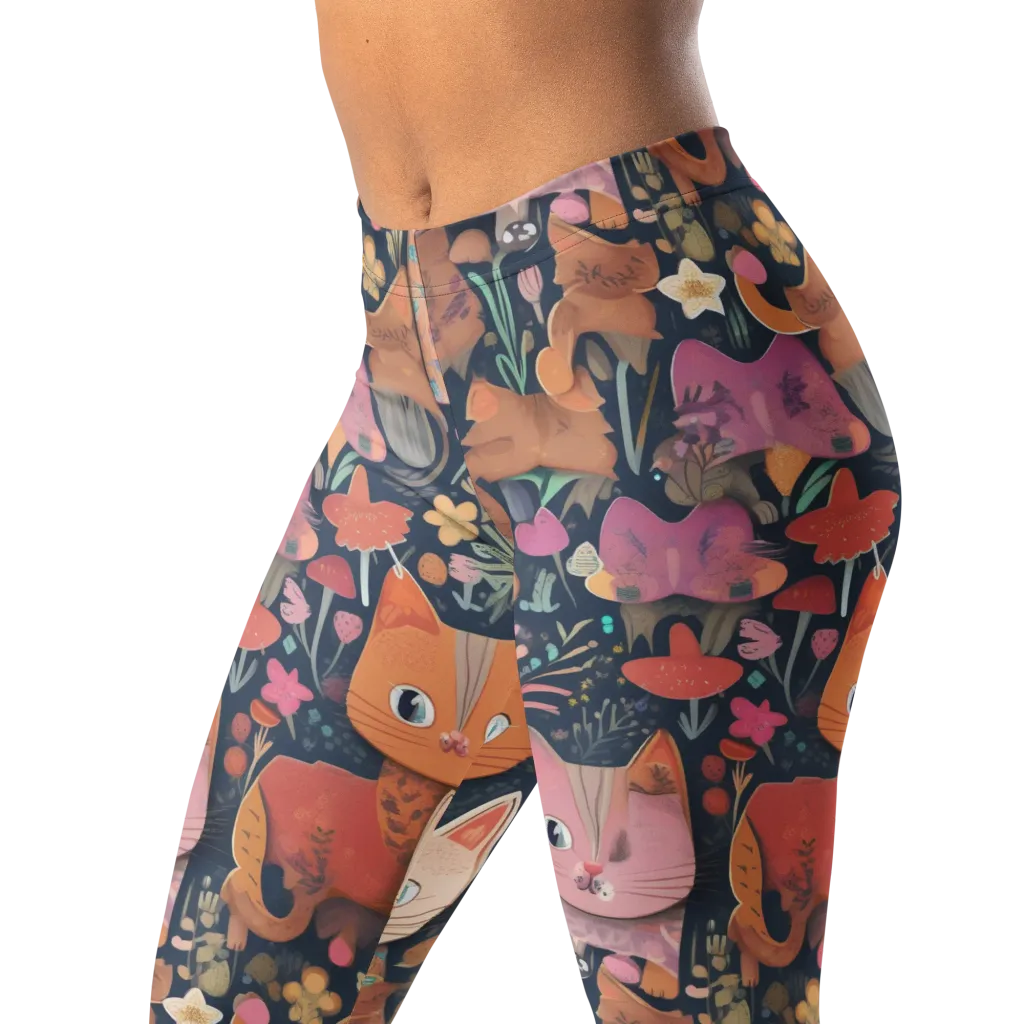 Mushroom Cat Garden on Leggings — Left Front