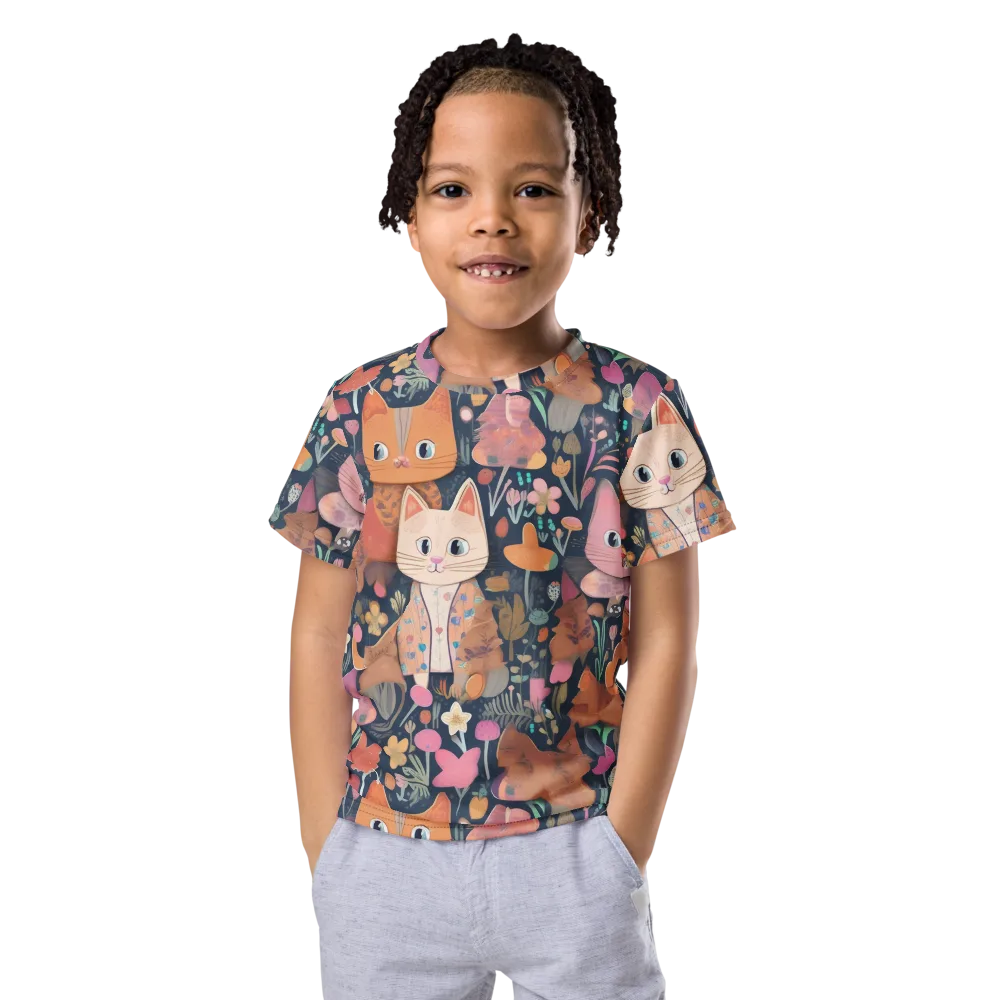 Mushroom Cat Garden on Kids Crew Neck T-Shirt — Front