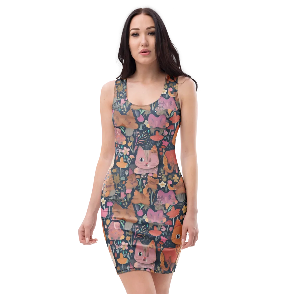 Mushroom Cat Garden on Bodycon Dress — Front