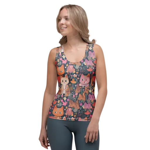 Mushroom Cat Garden on a Women's Tank Top
