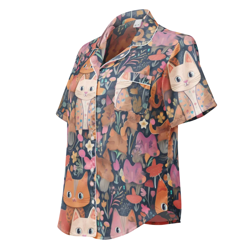 Mushroom Cat Garden on Women's Short Sleeve Pajama Top — Left Front