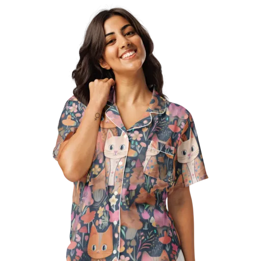 Mushroom Cat Garden on a Women's Short Sleeve Pajama Top