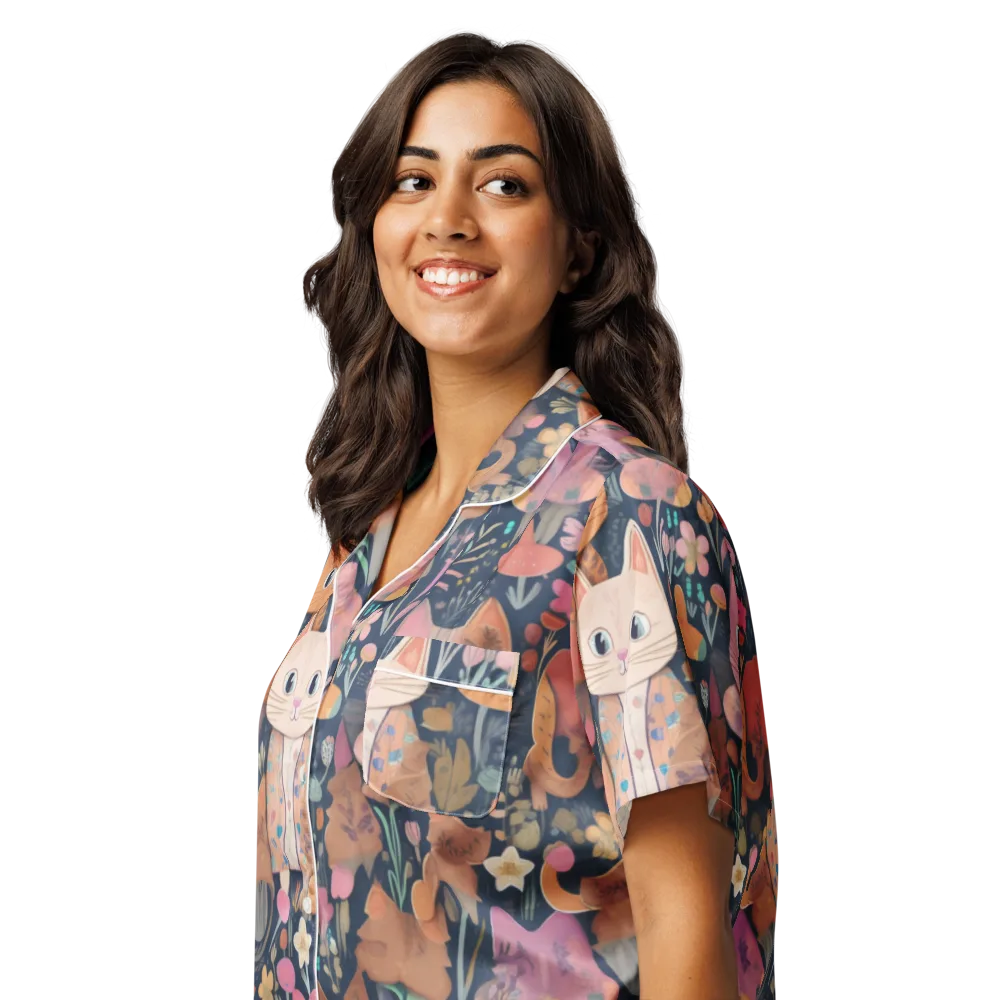 Mushroom Cat Garden on Women's Short Sleeve Pajama Top — Left Front