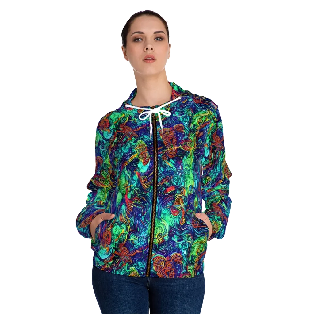Saturated Spiral on Women's Full-Zip Hoodie — Front On Person