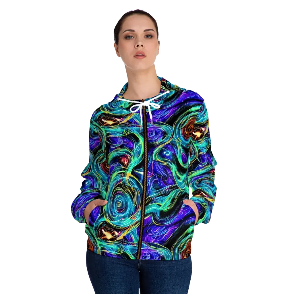Luminous Swirl on Women's Full-Zip Hoodie — Front On Person