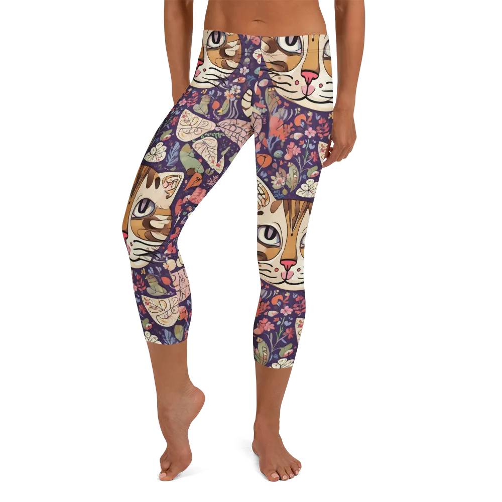 Feline Florilegium on Capri Leggings — Front