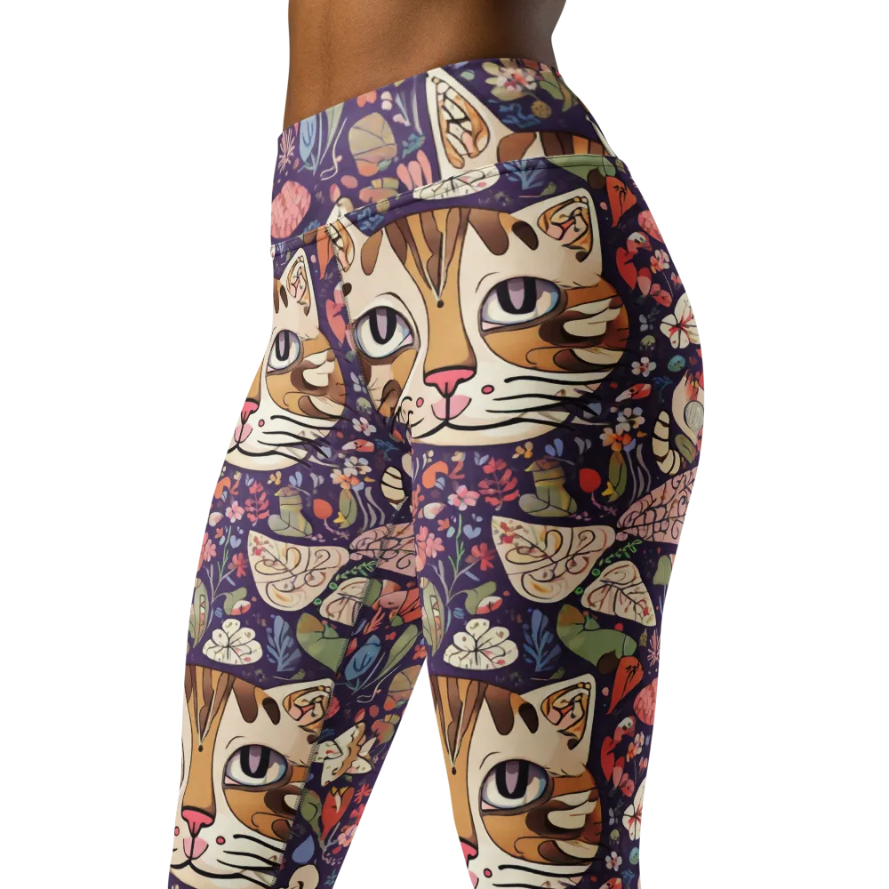 Feline Florilegium on Yoga Leggings — Left Front