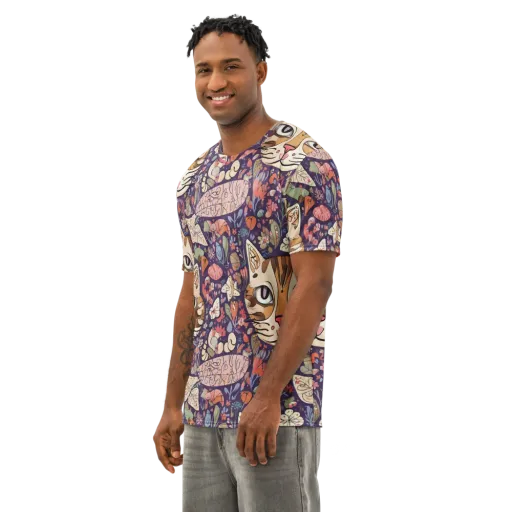 Feline Florilegium on a Men's Cotton Crew Neck T-Shirt