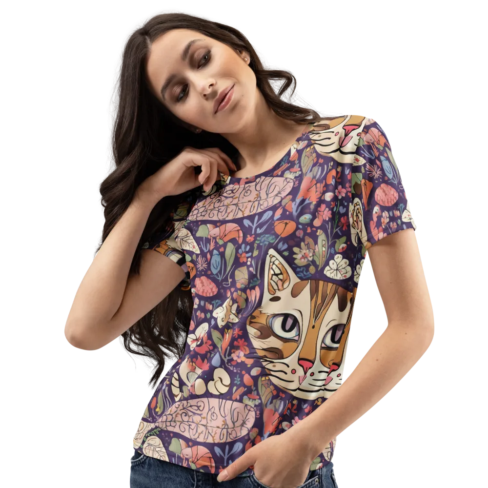 Feline Florilegium on Women's Crew Neck T-Shirt — Left Front