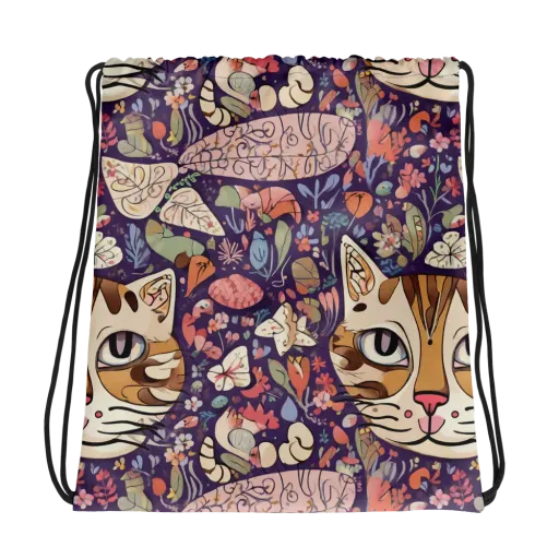 Feline Florilegium on a Drawstring Bag