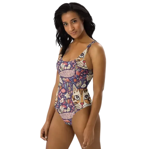 Feline Florilegium on a One-Piece Swimsuit