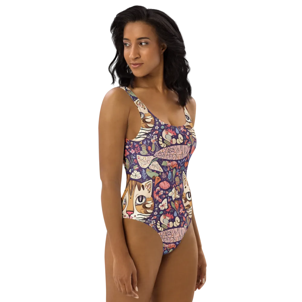 Feline Florilegium on One-Piece Swimsuit — Right