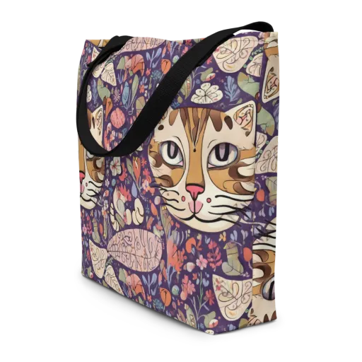 Feline Florilegium on a Large Tote Bag W/ Pocket