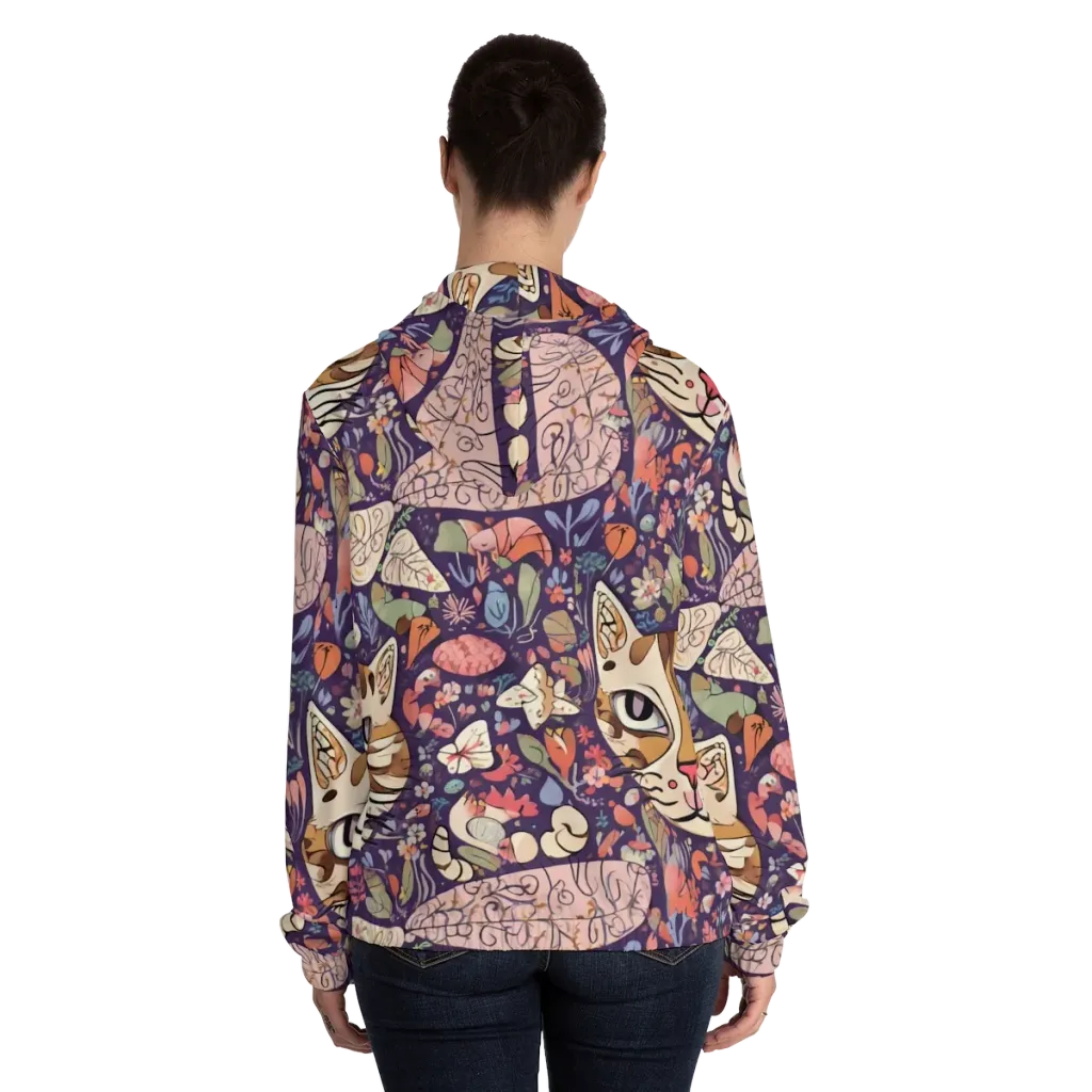Feline Florilegium on Women's Full-Zip Hoodie — Back On Person