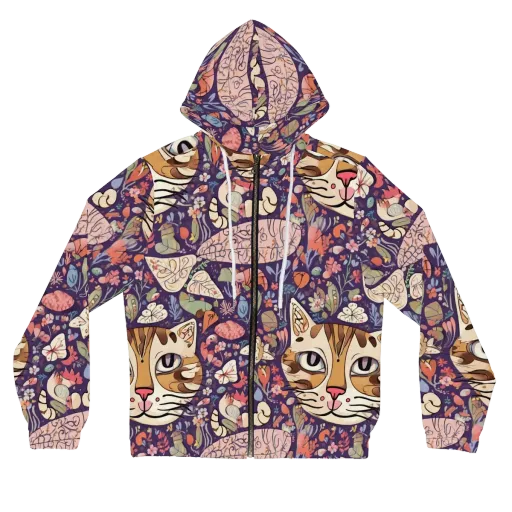 Feline Florilegium on a Women's Full-Zip Hoodie