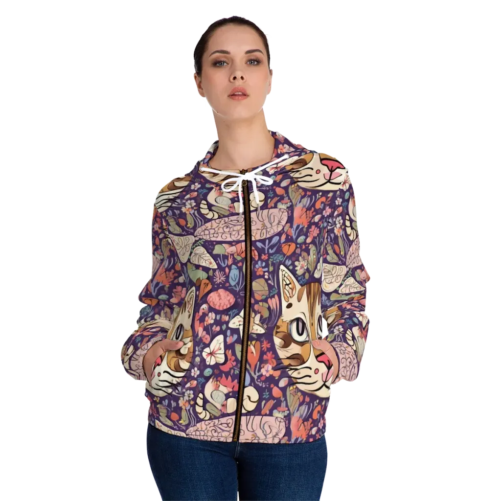 Feline Florilegium on Women's Full-Zip Hoodie — Front On Person