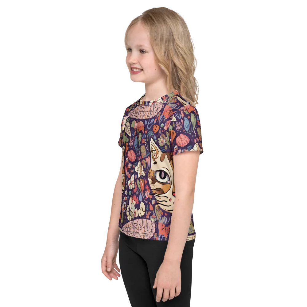 Feline Florilegium on Kids Crew Neck T-Shirt — Left