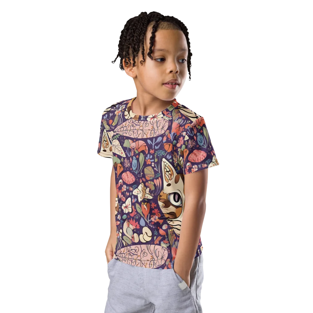 Feline Florilegium on Kids Crew Neck T-Shirt — Left Front