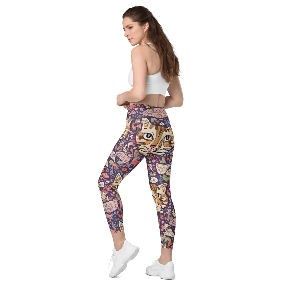 Feline Florilegium on Leggings with Pockets — Left Back