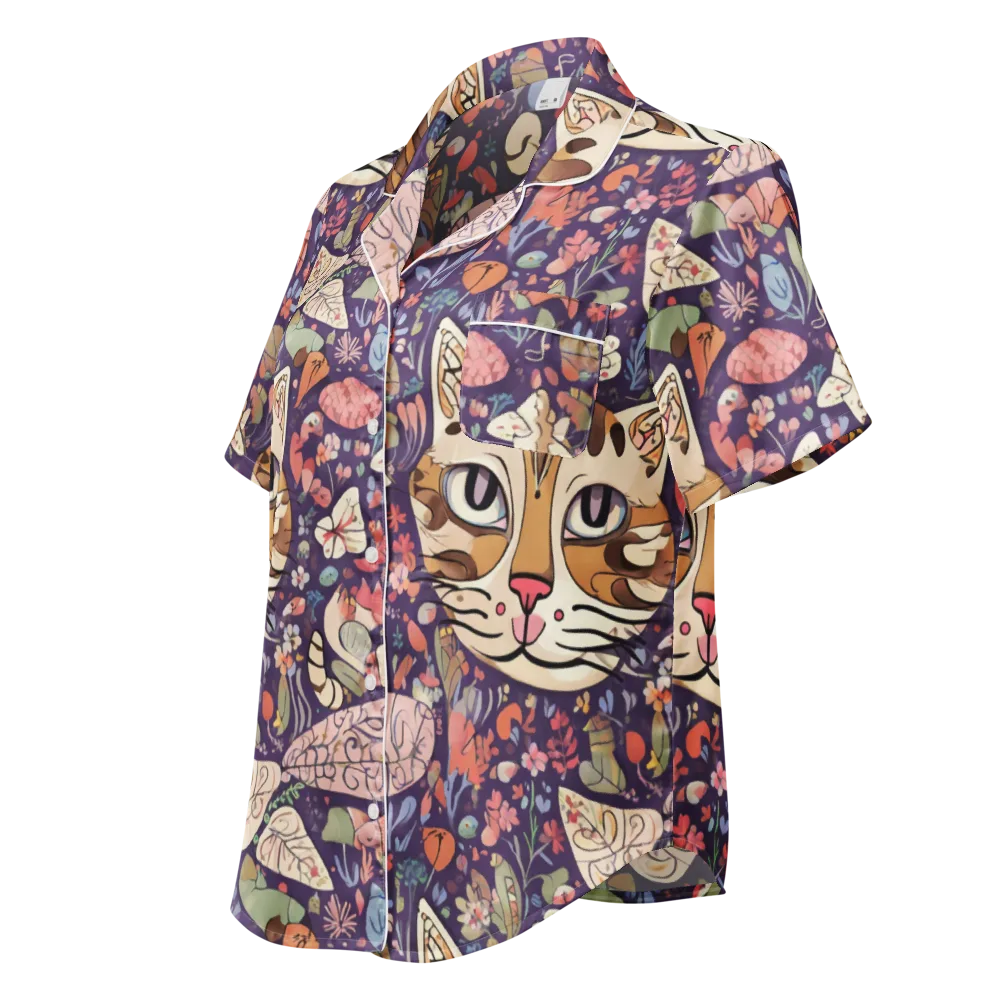 Feline Florilegium on Women's Short Sleeve Pajama Top — Left Front