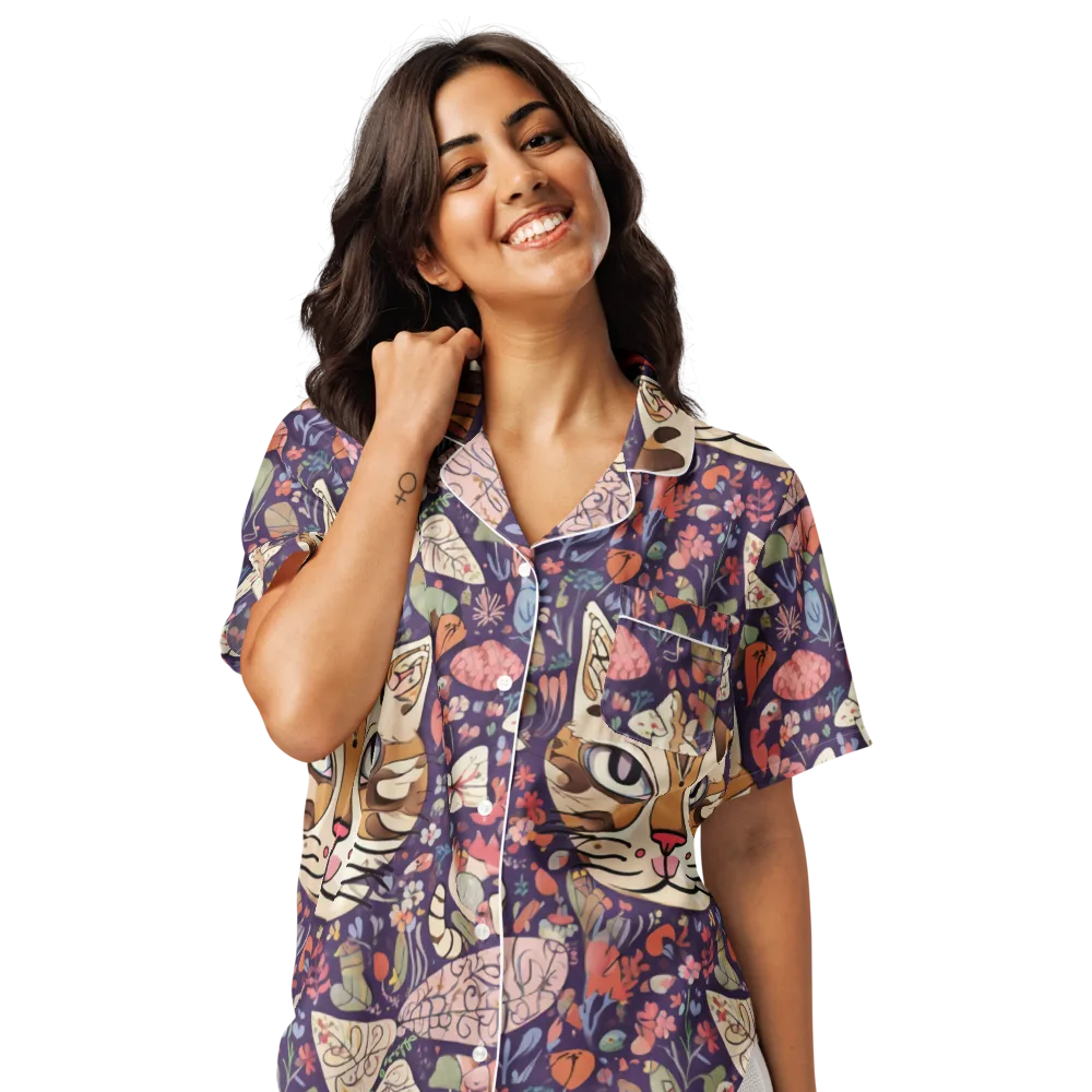 Feline Florilegium on Women's Short Sleeve Pajama Top — Front