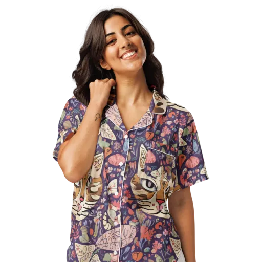 Feline Florilegium on a Women's Short Sleeve Pajama Top