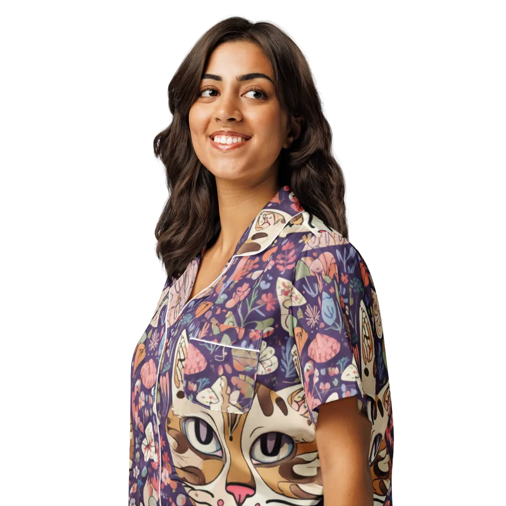Feline Florilegium on Women's Short Sleeve Pajama Top — Left Front