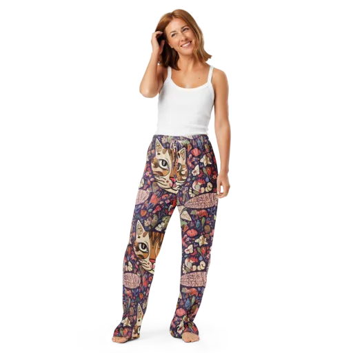 Feline Florilegium on a Women's Pajama Pants