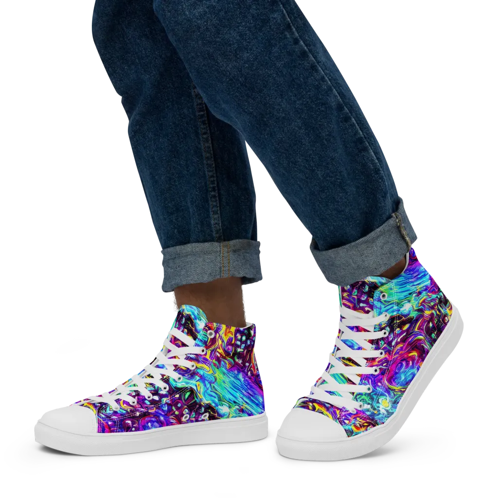 Electric Bloomscape on Men's High Top Canvas Shoes — Left