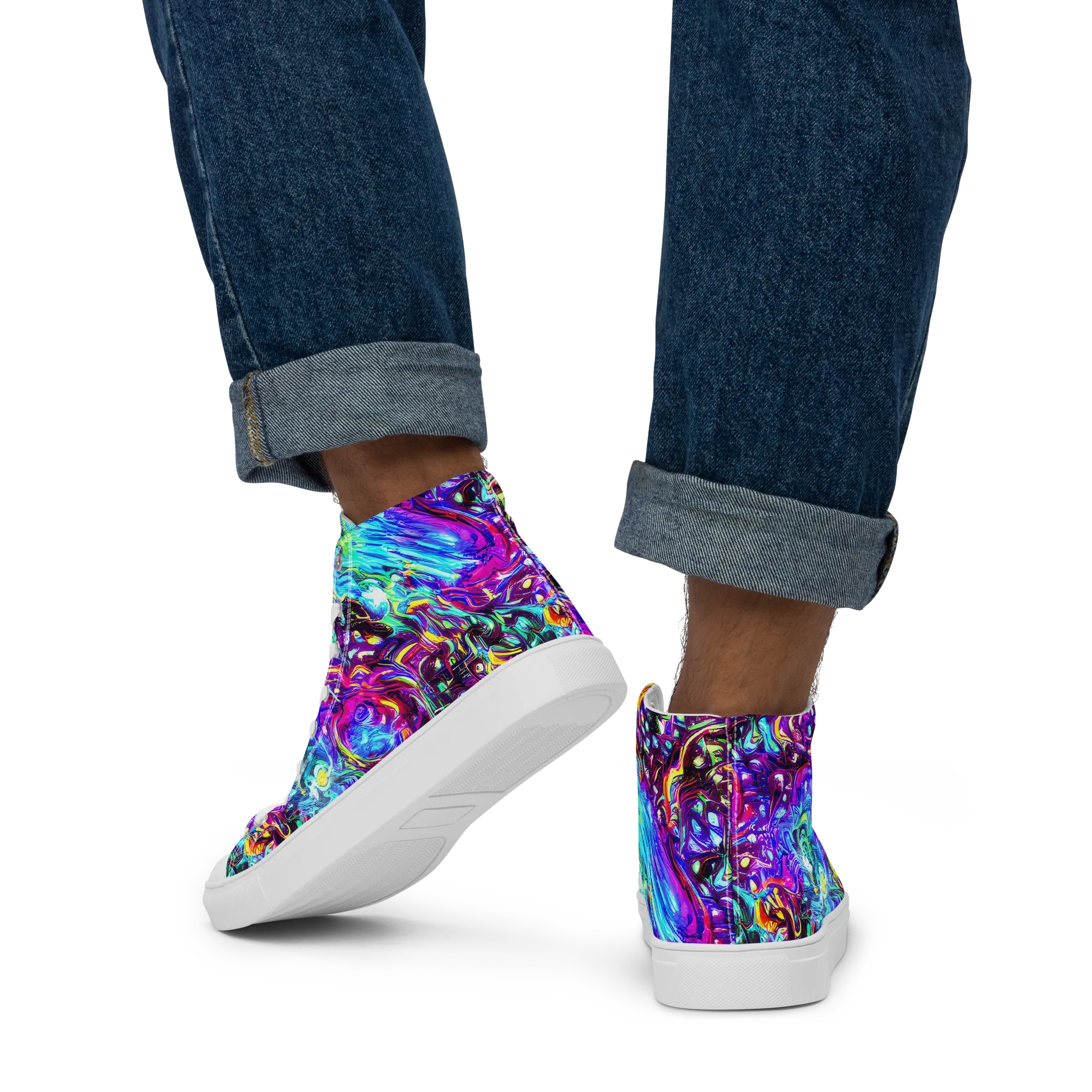 Electric Bloomscape on Men's High Top Canvas Shoes — Back