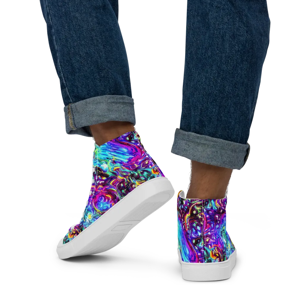 Electric Bloomscape on Men's High Top Canvas Shoes — Back