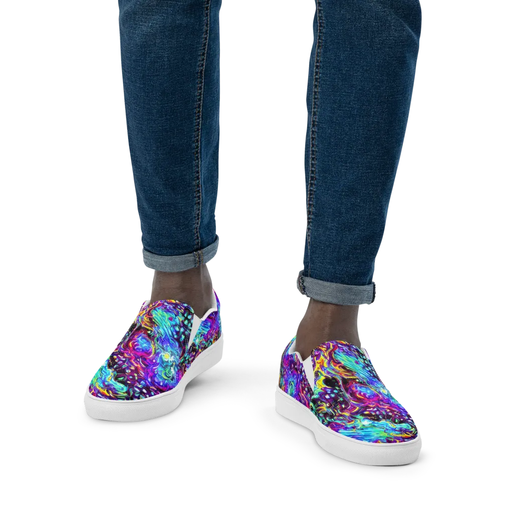 Electric Bloomscape on Men's Slip-On Canvas Shoes — Front