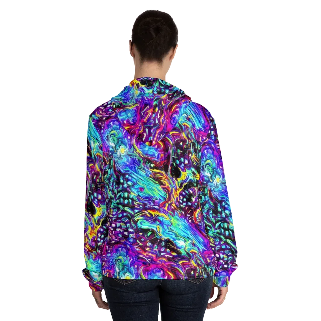 Electric Bloomscape on Women's Full-Zip Hoodie — Back On Person