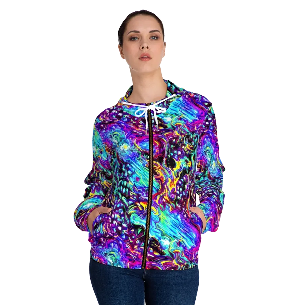 Electric Bloomscape on Women's Full-Zip Hoodie — Front On Person