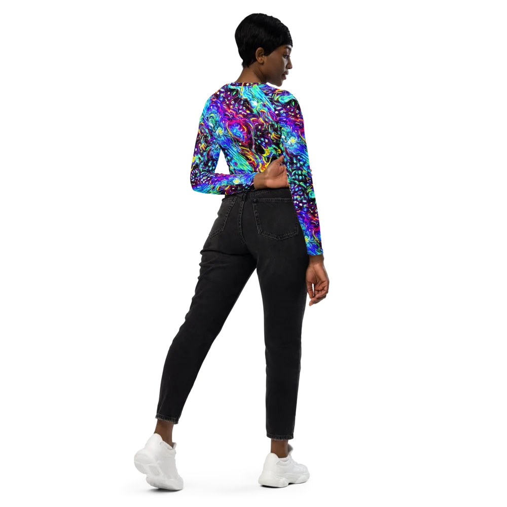 Electric Bloomscape on Long Sleeve Crop Top — Right Back