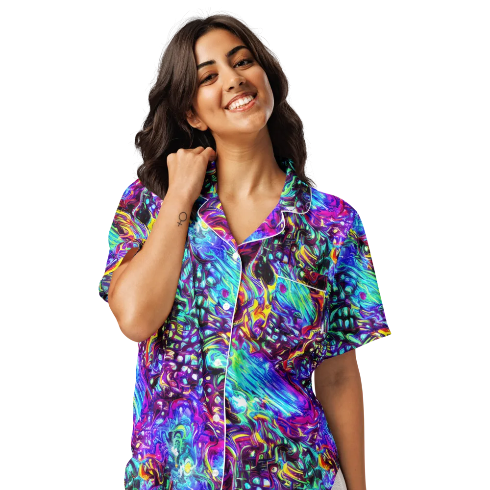 Electric Bloomscape on Women's Short Sleeve Pajama Top — Front