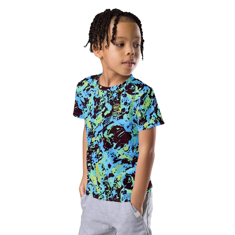 Aqua Static on Kids Crew Neck T-Shirt — Left Front