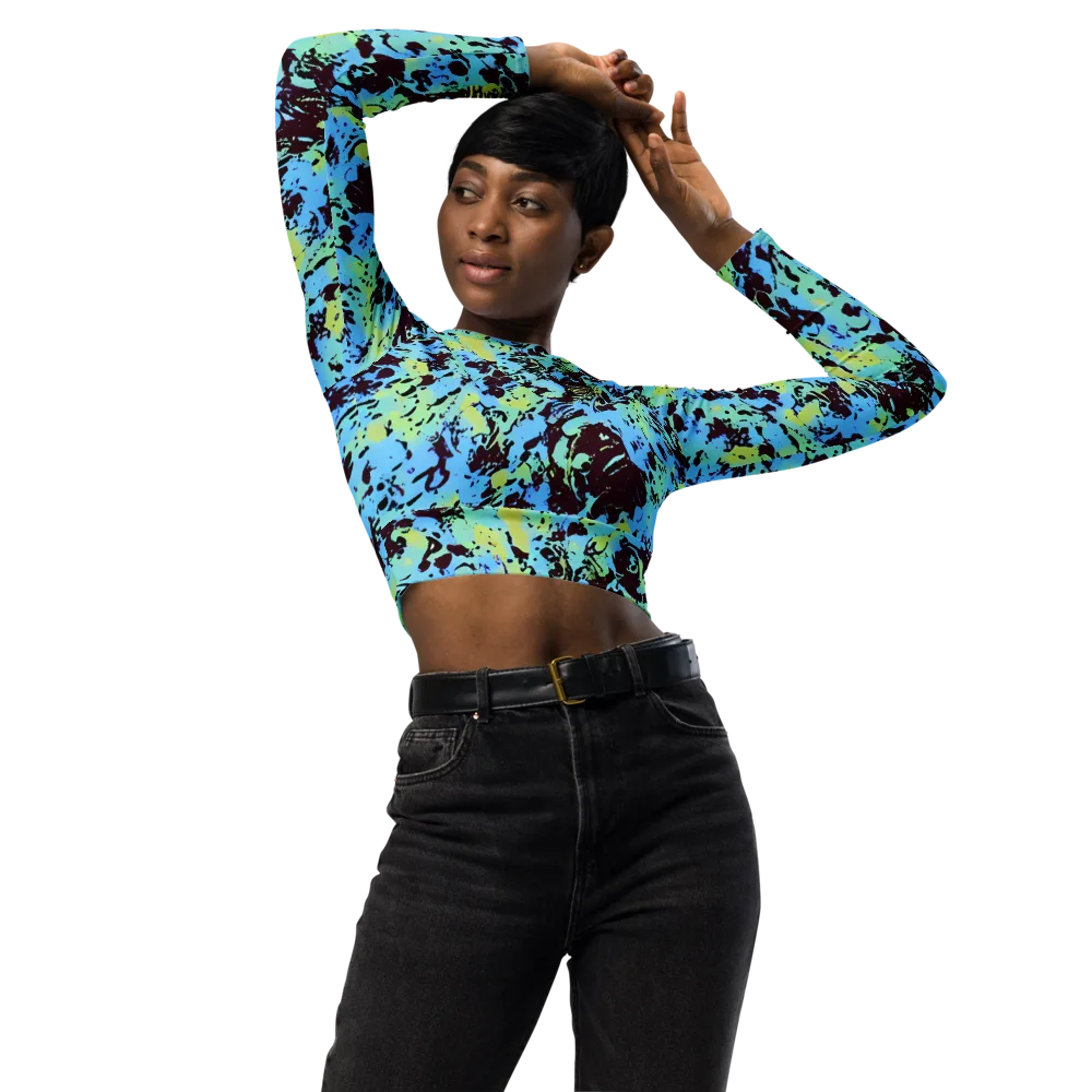 Aqua Static on Long Sleeve Crop Top — Front