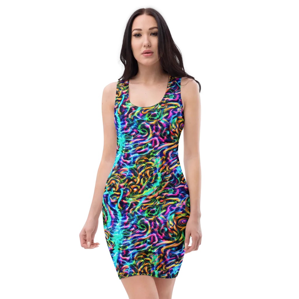 Fluorescent Torrent on Bodycon Dress — Front