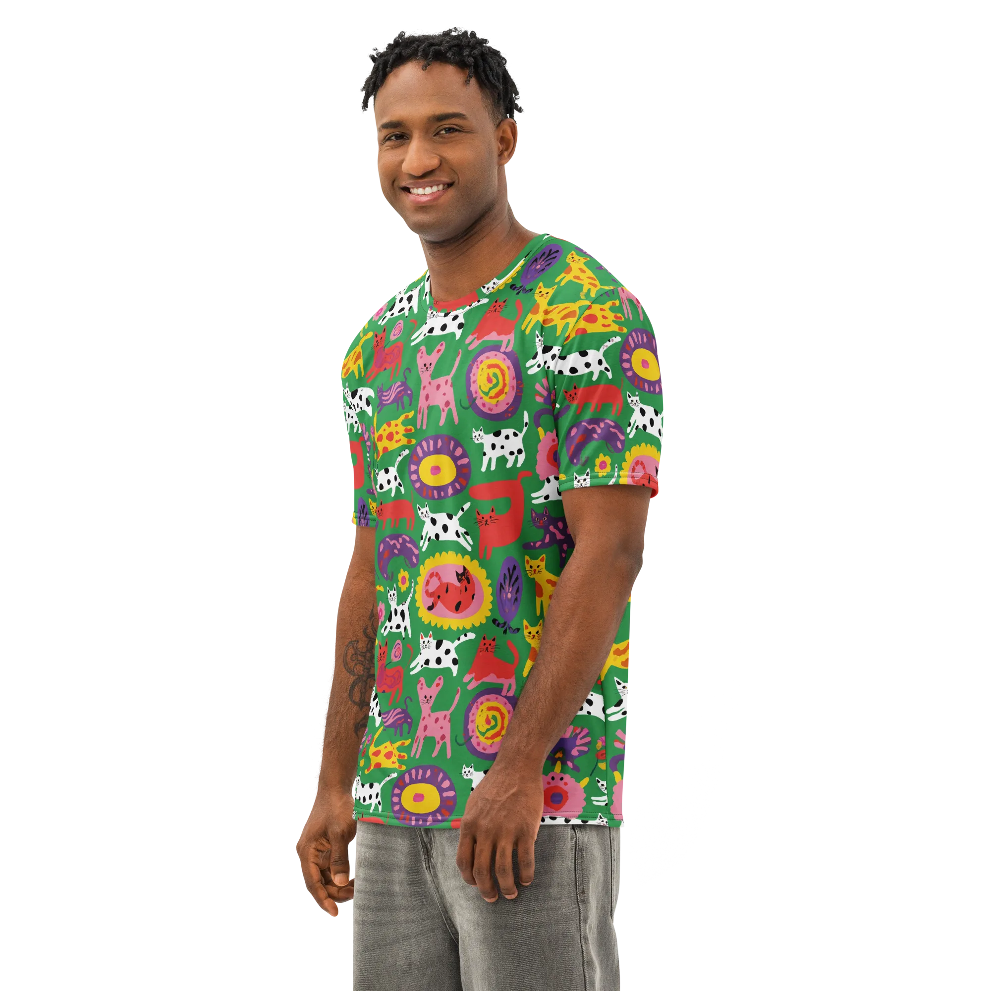Chromatic Cat Parade on Men's Cotton Crew Neck T-Shirt — Left Front