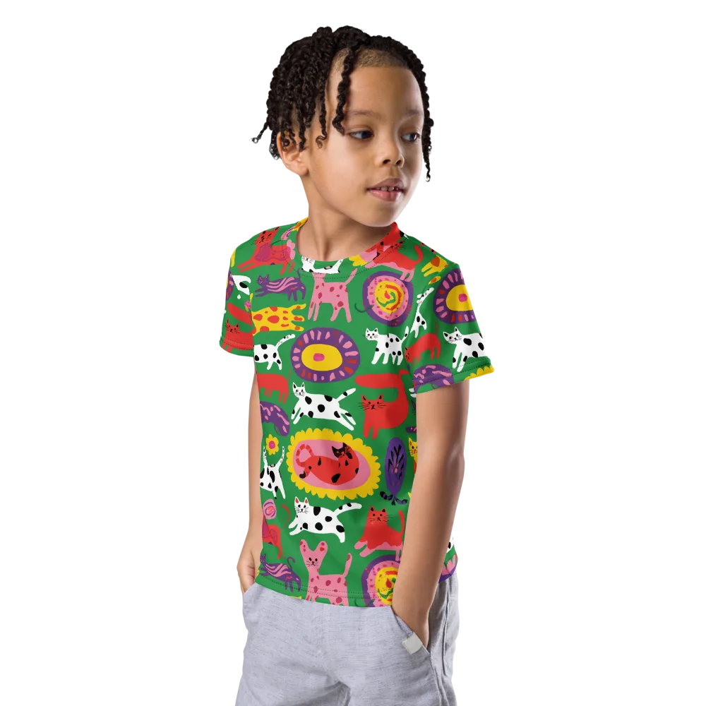 Chromatic Cat Parade on Kids Crew Neck T-Shirt — Left Front
