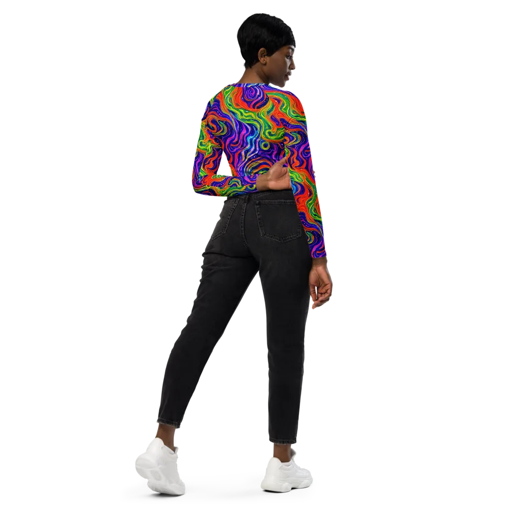 Kaleidoscope Tide on Long Sleeve Crop Top — Right Back
