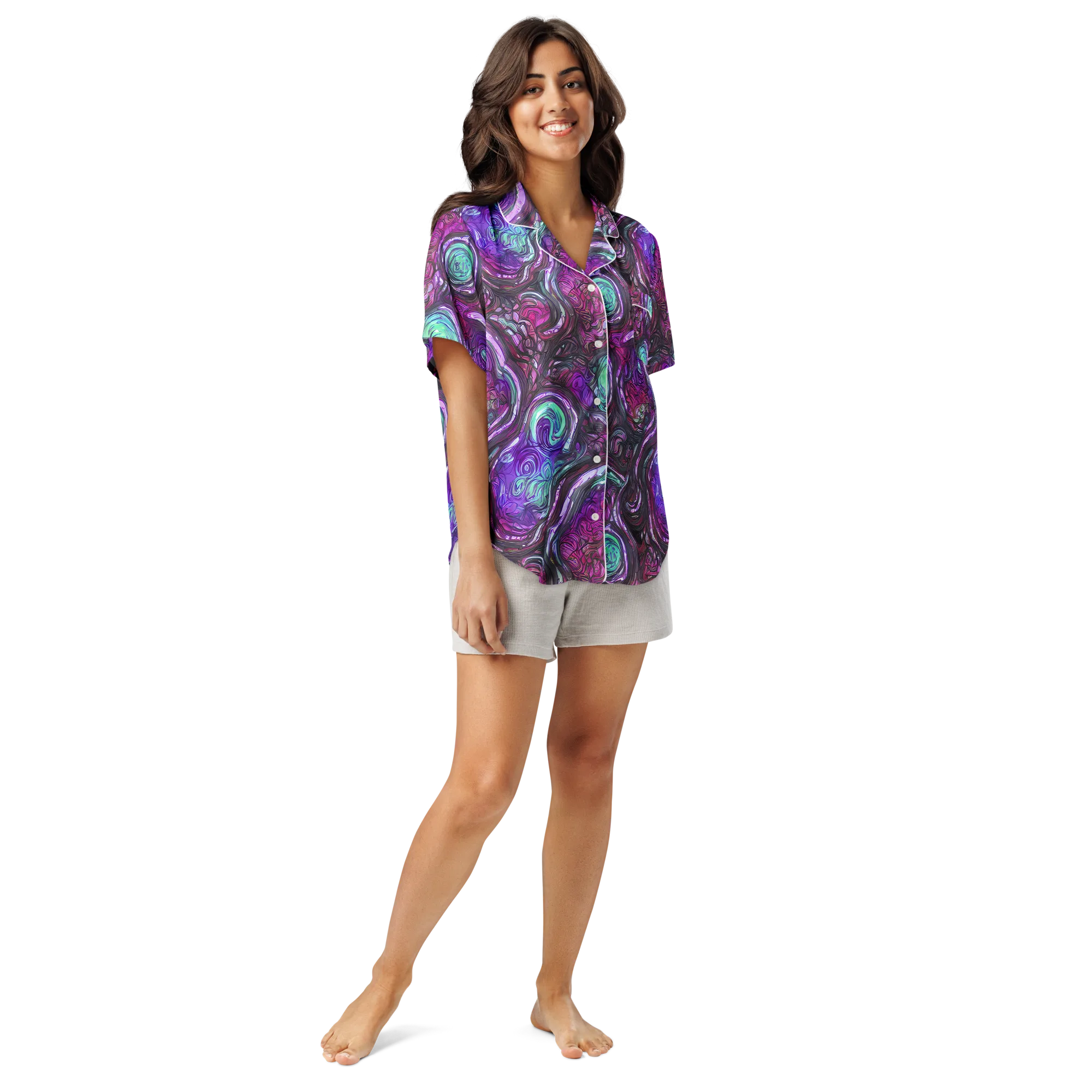 Neon Rosette on Women's Short Sleeve Pajama Top — Front