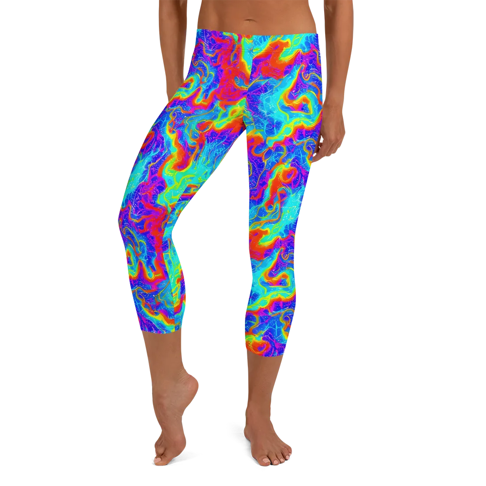 Tangerine Labyrinth on Capri Leggings — Front