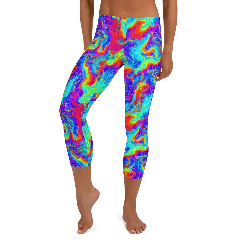 Tangerine Labyrinth on Capri Leggings — Front