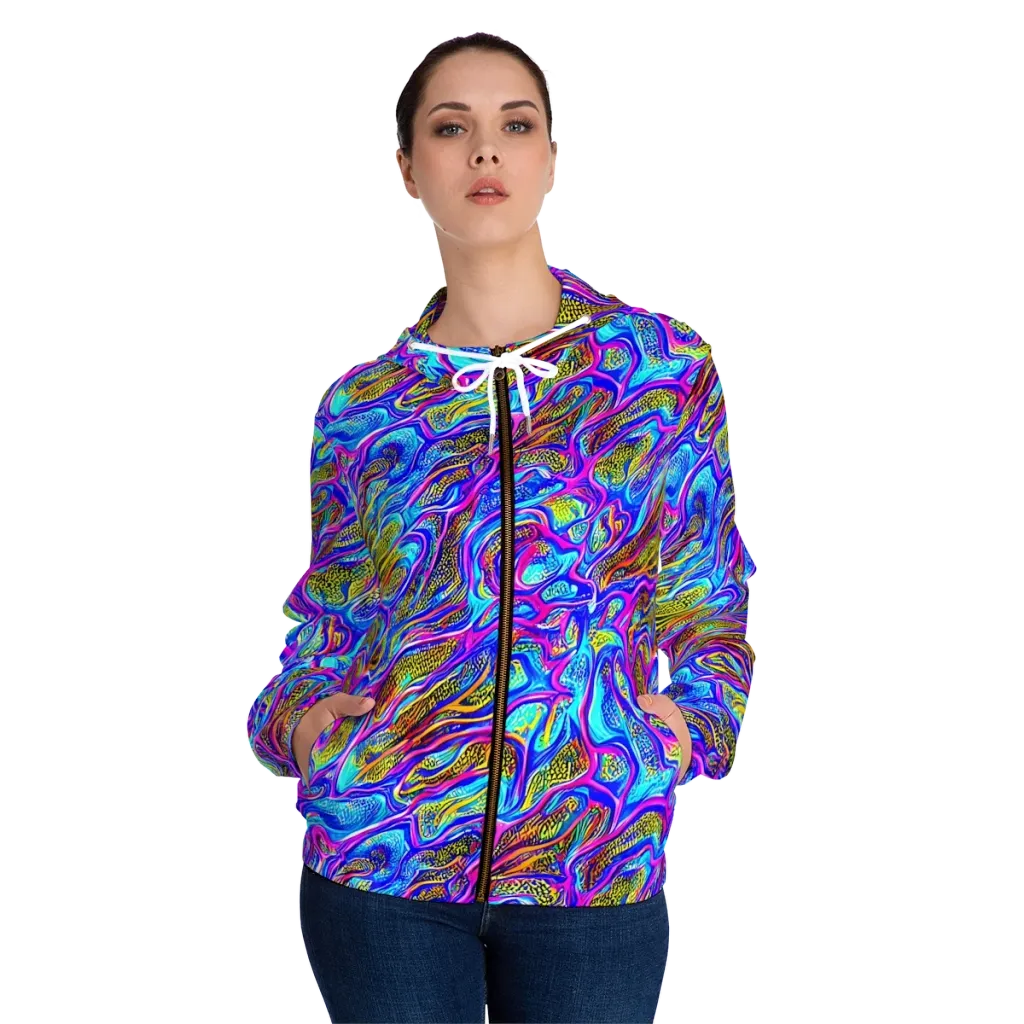 Fluorescent Jungle on Women's Full-Zip Hoodie — Front On Person
