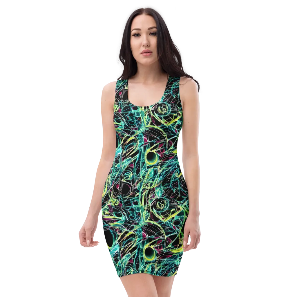 Vivid Circuitry on Bodycon Dress — Front